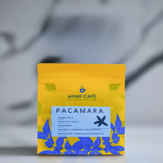 yellow pacamara specialty coffee bag sitting on a marble counter