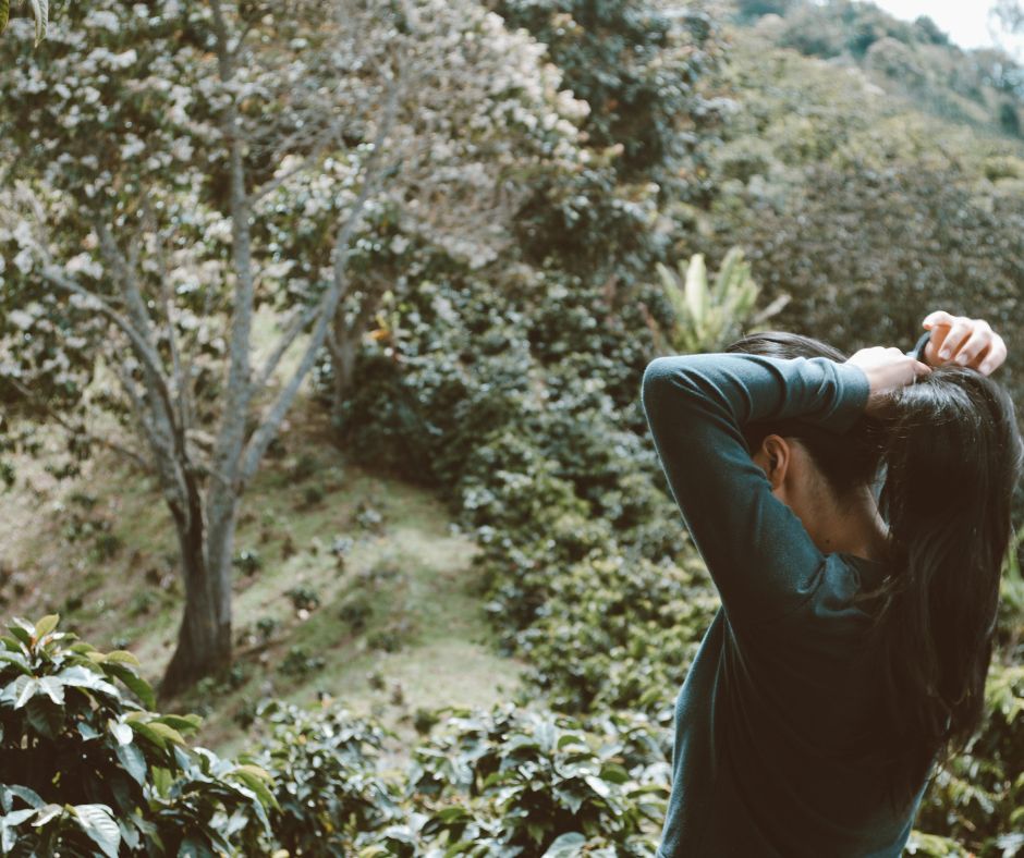 beautiful long black hair women looking at coffee farms